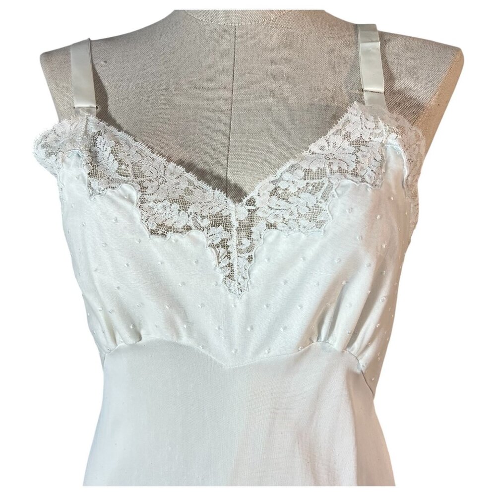 Vintage‎ Komar Lingerie White Nylon Full Slip Size 34 Lace Trim Polka Dot Bodice